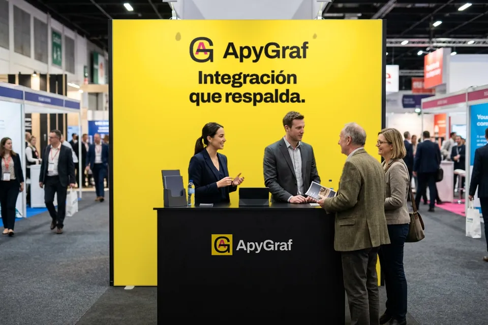 Stand de ApyGraf en una feria de negocios: muro amarillo con el logo y el mensaje Integración que respalda, mesón negro con la marca y visitantes conversando con el equipo