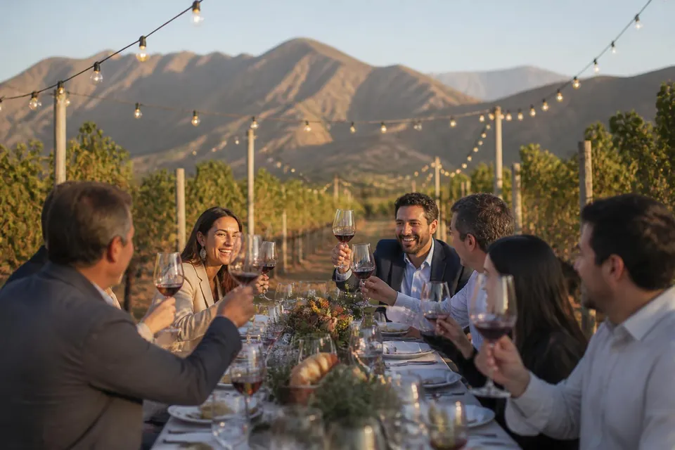 Cena corporativa en una viña al atardecer: ejecutivos brindan con vino tinto en una mesa larga entre parras, con la cordillera de fondo