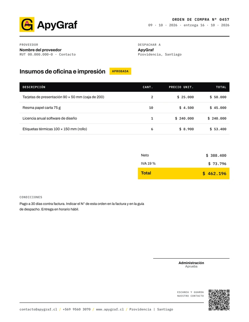 Orden de compra de ejemplo con la marca ApyGraf