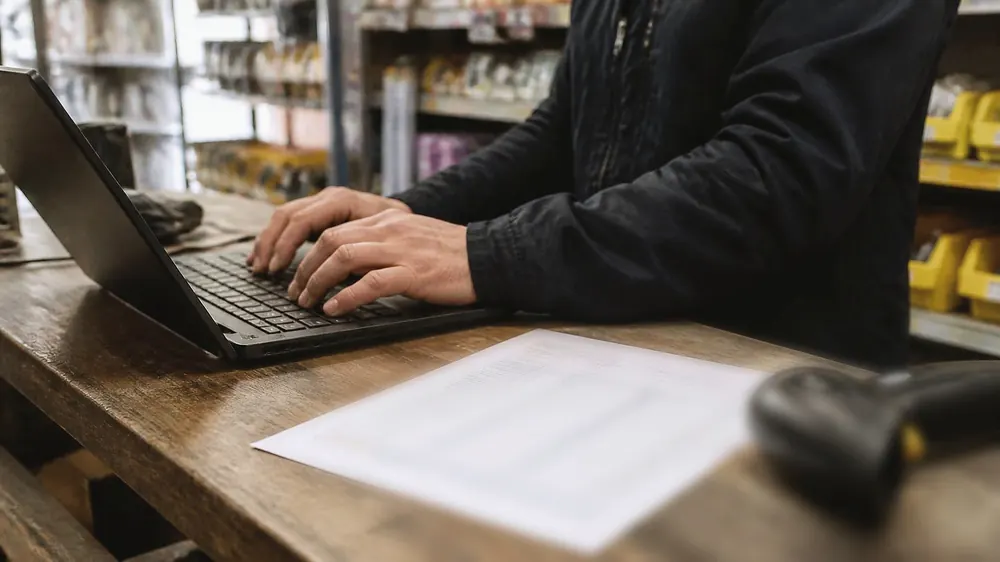 Manos trabajando en un notebook junto a documentos impresos